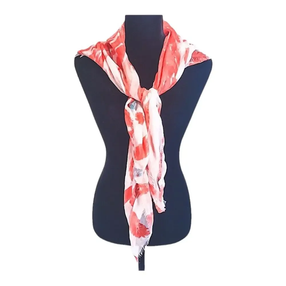 Coral and White Floral print Square Scarf